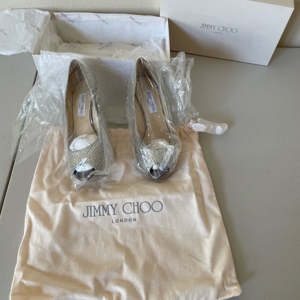 Jimmy Choo 247Isabel Glitter-fabric Champagne, size 37.5 (US womens 7.5)